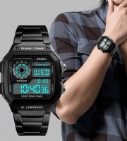 SKMEI Men's Digital Sports Watch Square Dial Stainless Steel Strap Waterproof Wristwatches