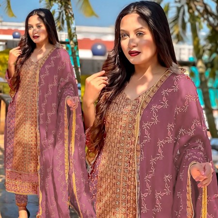 Weightless Deep Puce Georgette Heavy Embroidered Salwar Kameez (HP35)