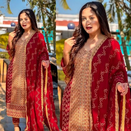 Weightless Red Georgette Heavy Embroidered Salwar Kameez (HP34)