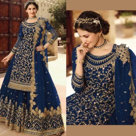 Party Wear Royal Blue ChiniGura Fabric Embroidered Sharara Suit (BS12)